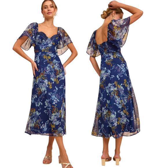 Lulus Dresses & Skirts - Lulus Valla Navy Blue Floral Flutter Sleeve Midi Dress size Large NWT